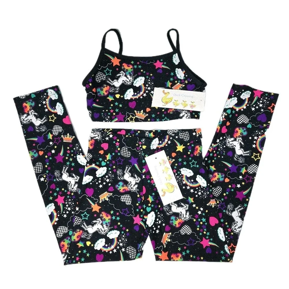 Duck Crossing VTG 90s Girls Neon Unicorn Party Dance Legging & Top Set Size L